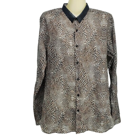 The Kooples Shirt Leopard Button‎ Up Women's Size M Fitted Faux Leather Collar - Picture 9 of 9